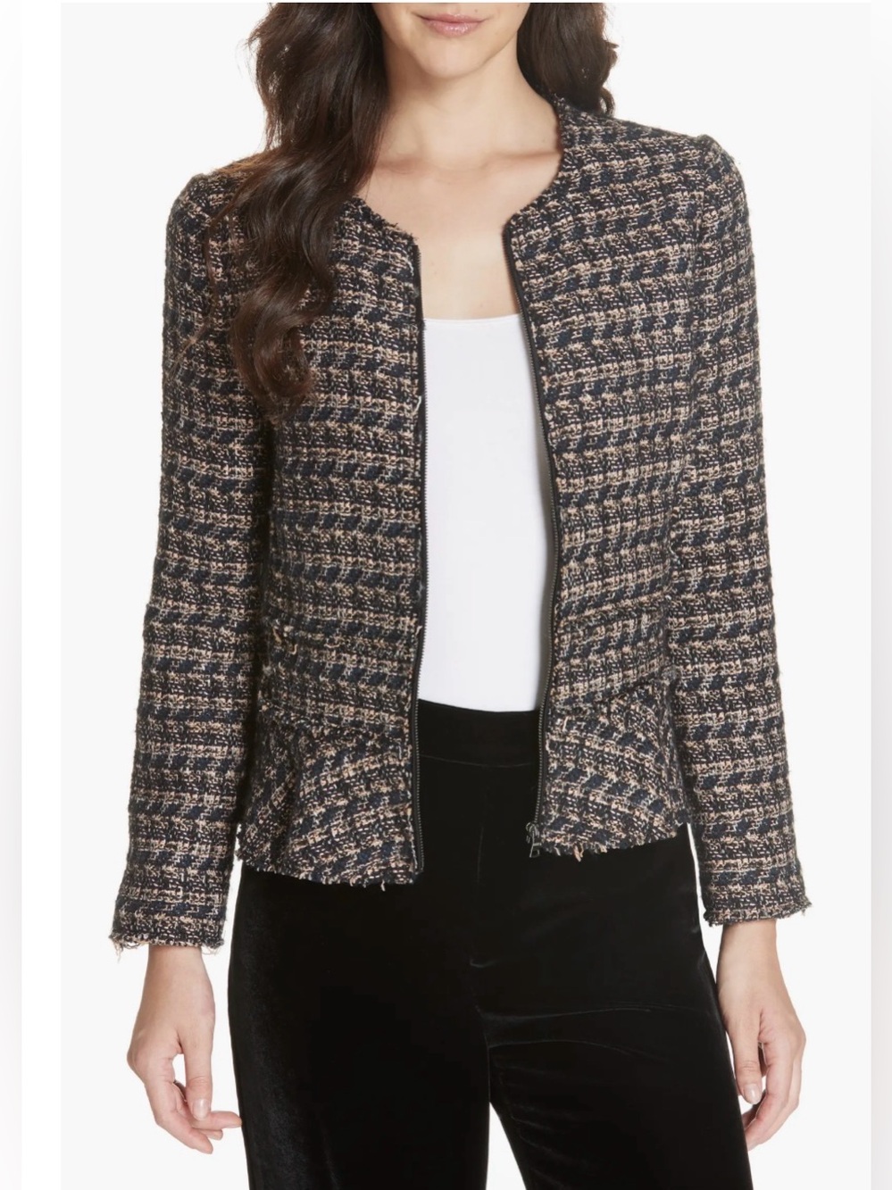 Rebecca Taylor women’s Tweed Zip-Front Jacket peplum Black & Cream